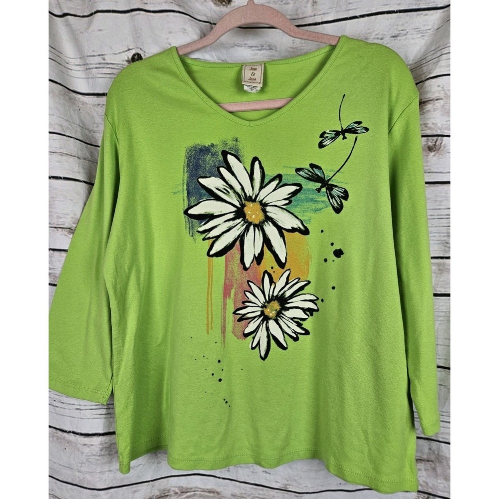 Jess & Jane Green Daisy Floral Graphic Knit Top XL T Shirt Art to Wear Cotton